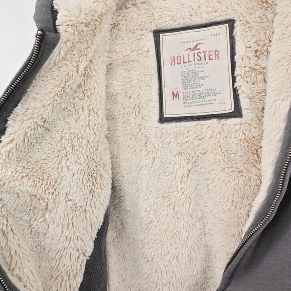 HOLLISTER Womens Gray Logo Applique Full Zip Hooded Jacket Sherpa Lined Size M - Picture 5 of 8